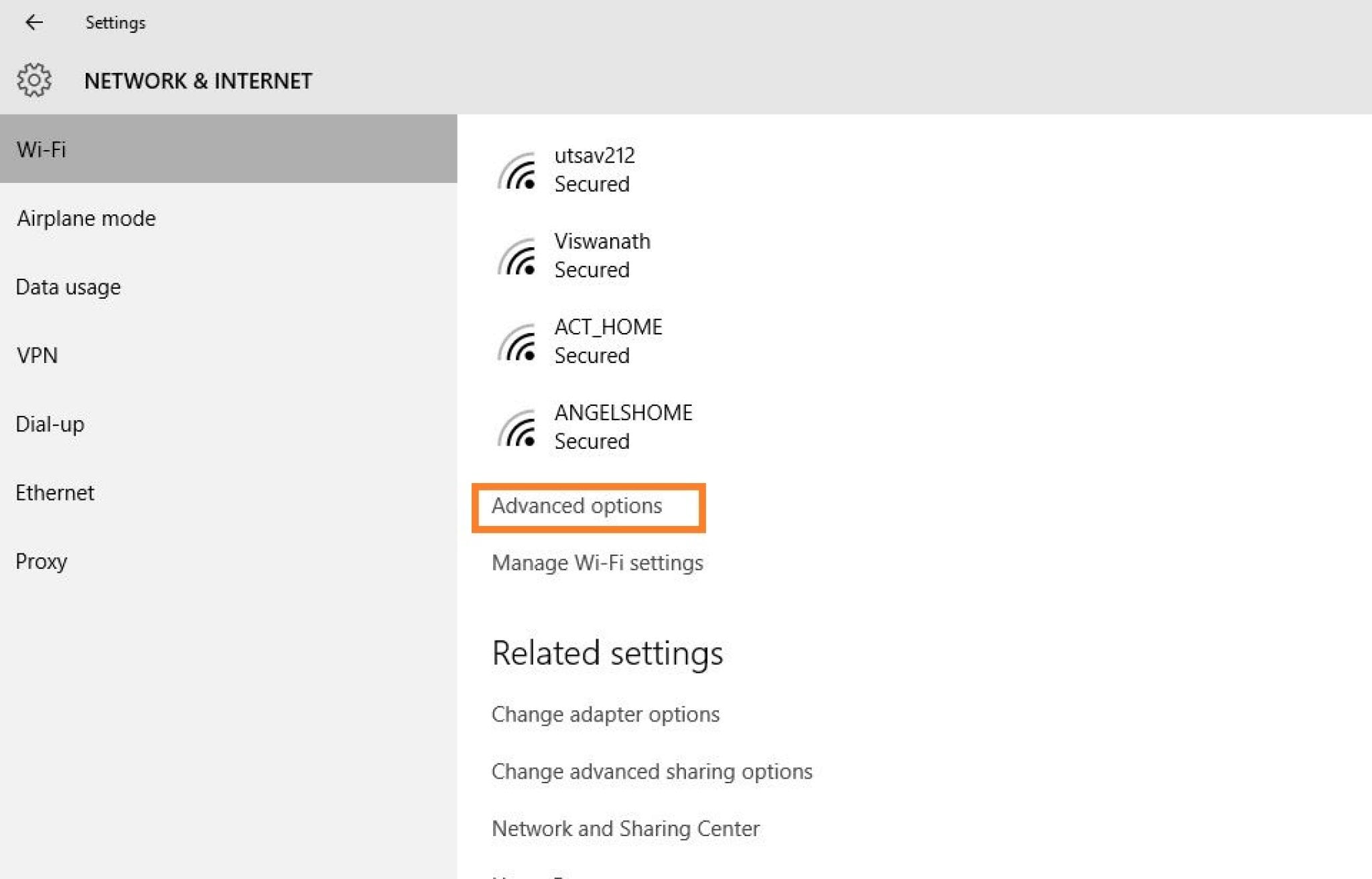 Network internet settings. Setting name.