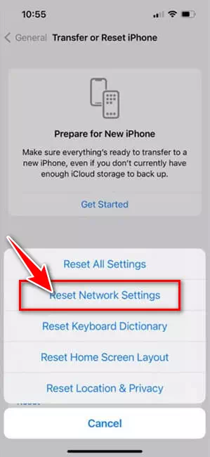 ثم اضغط على Reset Network Settings