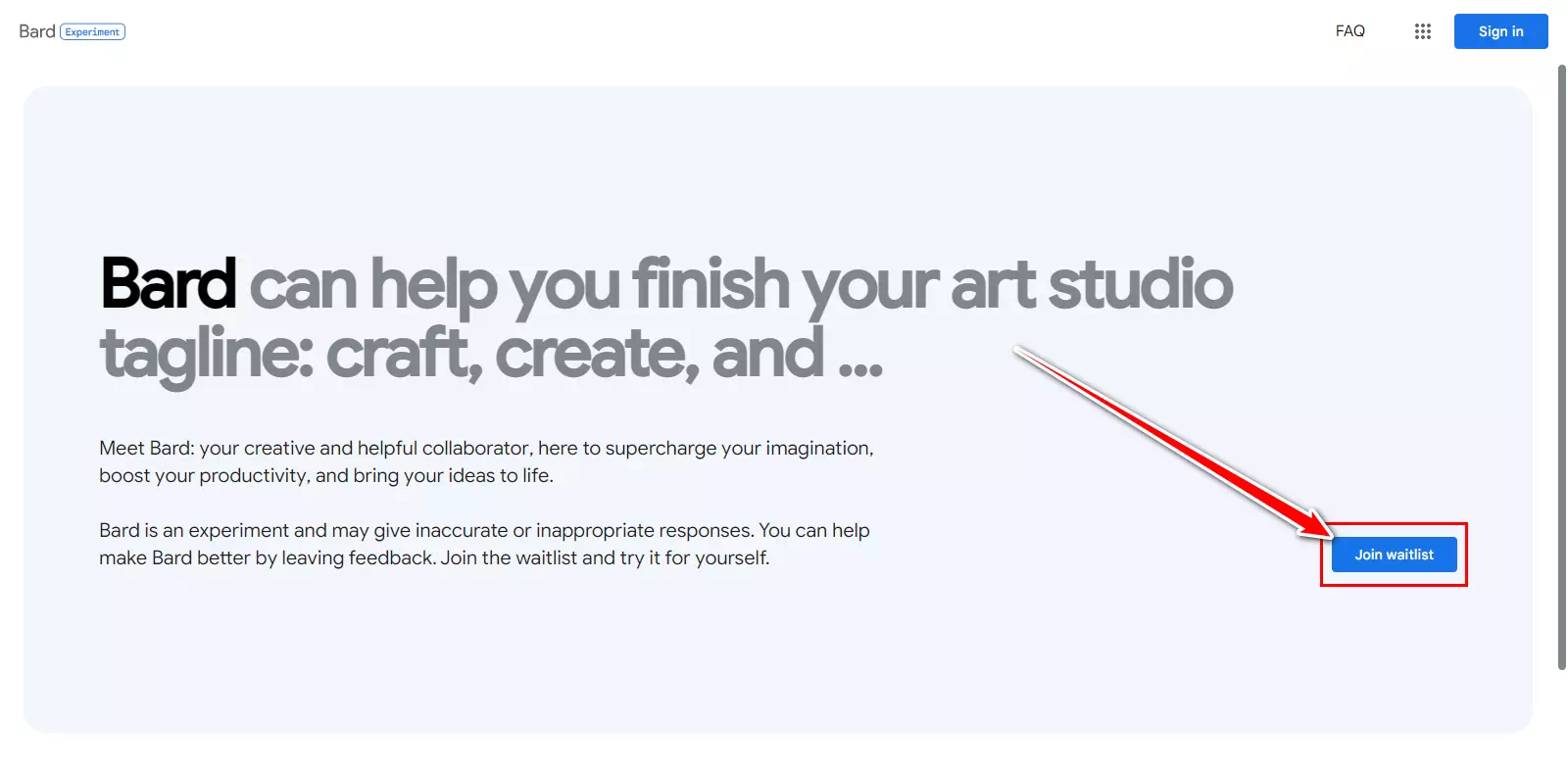 Bard Experiment انقر فوق الزر الانضمام إلى قائمة الانتظار