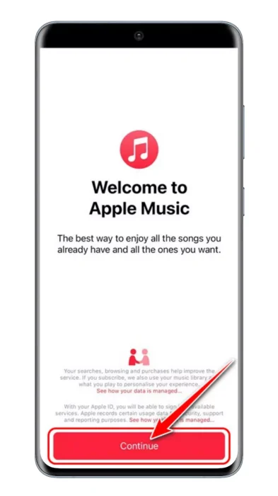 سترى شاشة مرحبًا بك في Apple Music هنا تحتاج إلى النقر فوق الزر متابعة