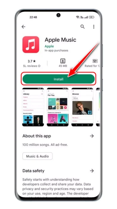 في صفحة قائمة تطبيقات Apple Music ، انقر فوق زر التثبيت لتثبيت التطبيق على هاتفك الذكي الذي يعمل بنظام أندرويد