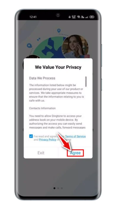 اقبل الخصوصية والسياسة ومنح الأذونات ل Dingtone